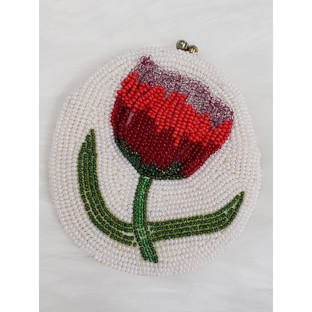 Vintage Rosenfeld Beaded Tulip Floral Kiss Lock Coin Purse Japan 50s 60s White